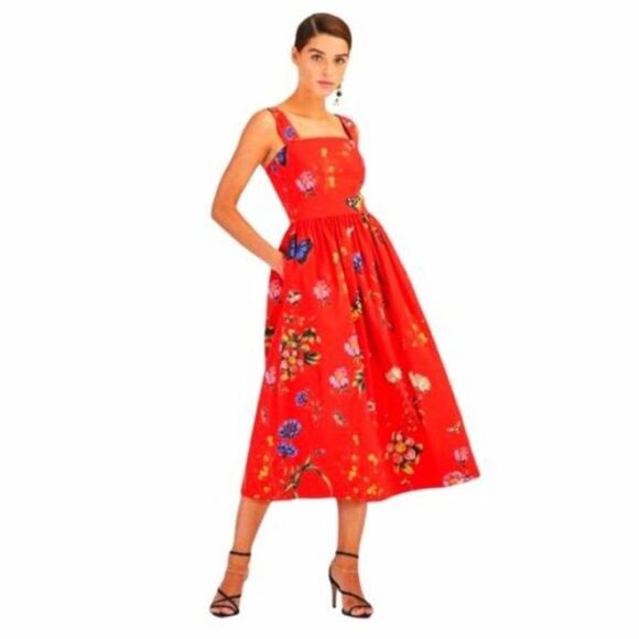 °$2,390 NEW OSCAR DE LA RENTA STUNNING RED FLORAL MIDI  RUNWAY DRESS US 10 - Picture 2 of 12